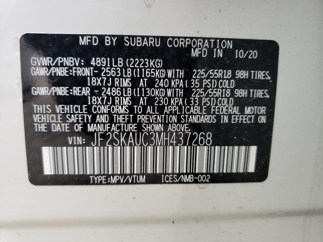 Photo 10 from auction – 2021 SUBARU FORESTER L with VIN JF2SKAUC3MH437268