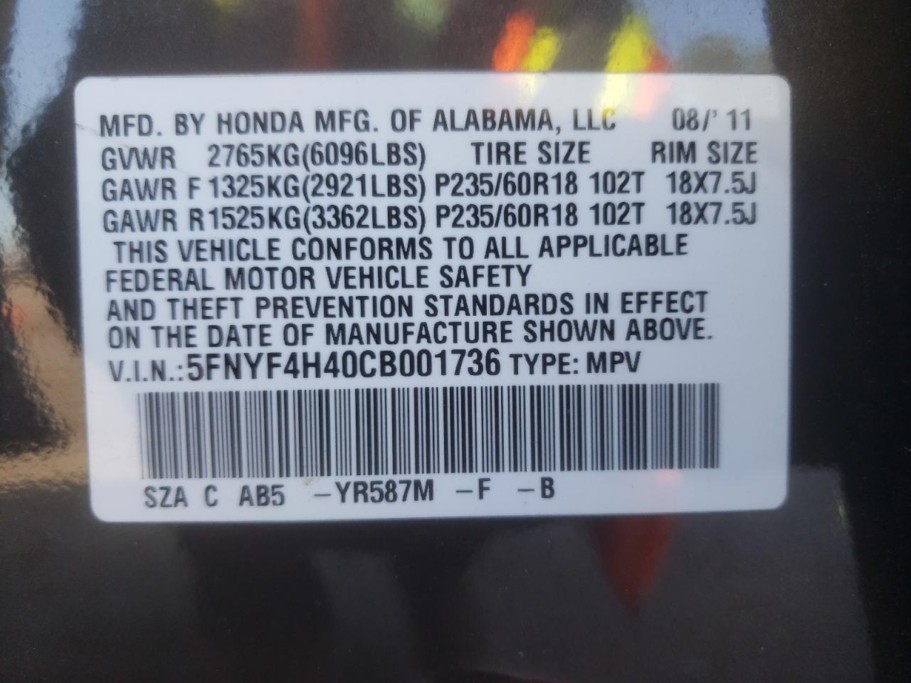 Photo 10 from auction – 2012 HONDA PILOT EX with VIN 5FNYF4H40CB001736