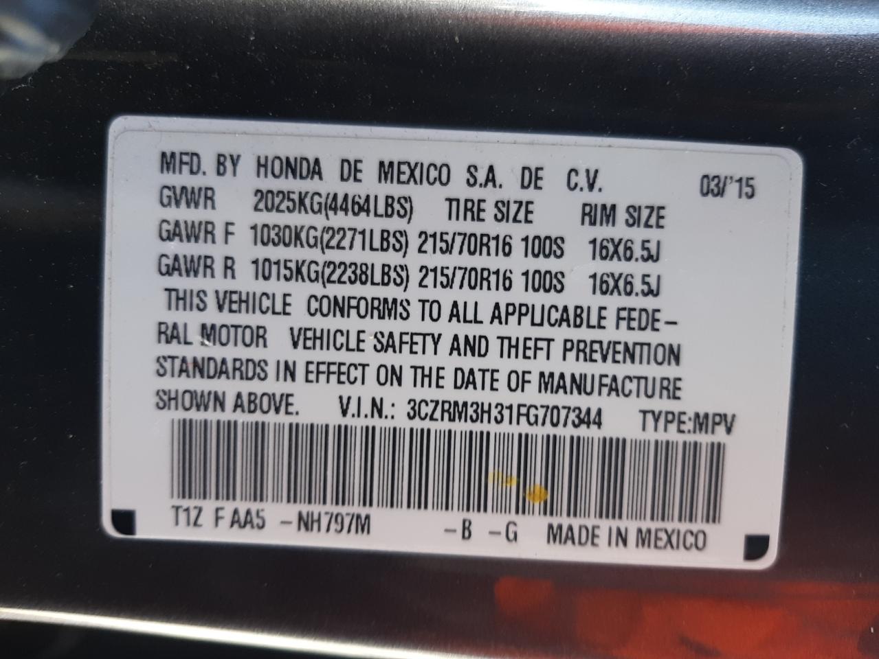 Photo 10 from auction – 2015 HONDA CR-V LX with VIN 3CZRM3H31FG707344