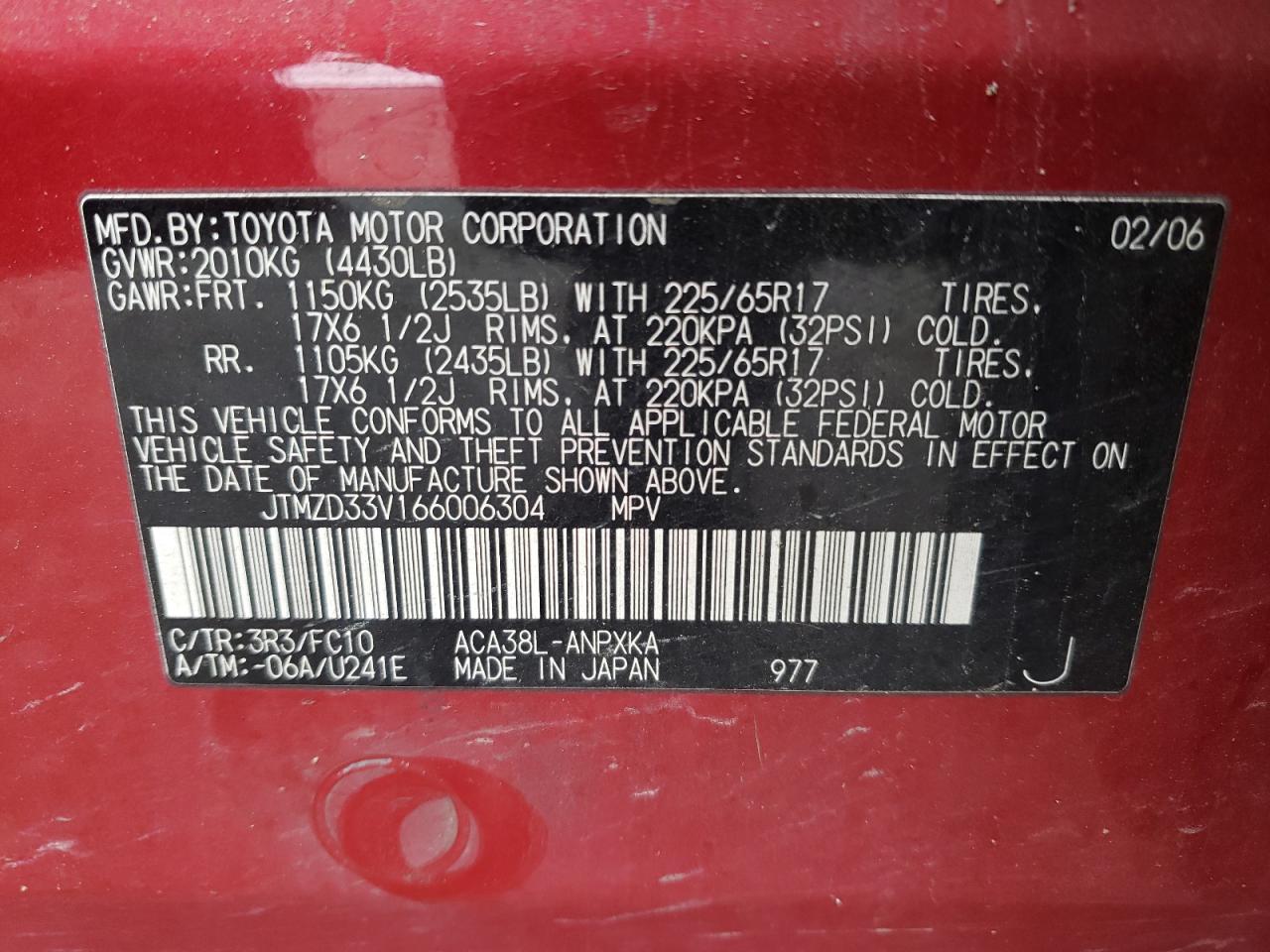 Photo 10 from auction – 2006 TOYOTA RAV4 with VIN JTMZD33V166006304