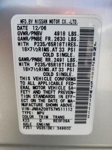 Photo 10 from auction – 2007 NISSAN MURANO SL with VIN JN8AZ08T57W511112