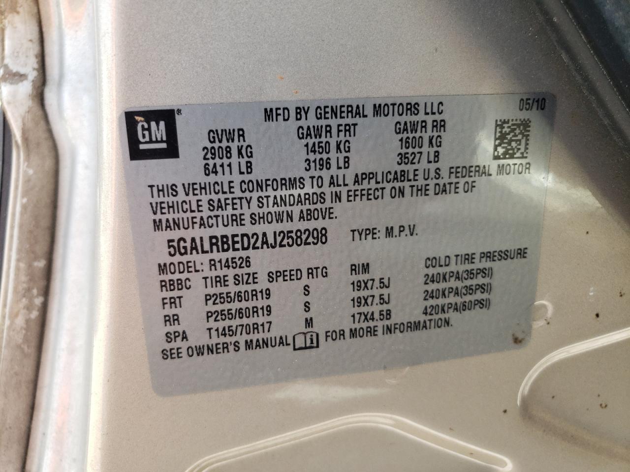 Photo 10 from auction – 2010 BUICK ENCLAVE CX with VIN 5GALRBED2AJ258298