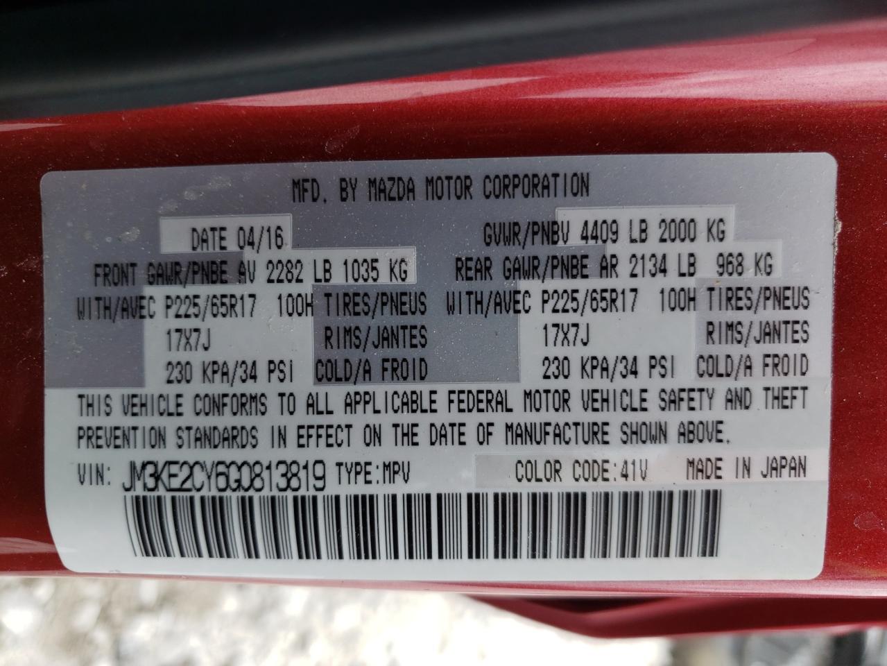Photo 10 from auction – 2016 MAZDA CX-5 TOURI with VIN JM3KE2CY6G0813819