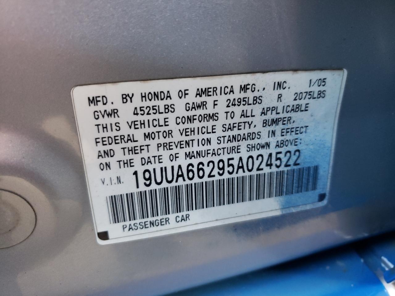 Photo 10 from auction – 2005 ACURA TL with VIN 19UUA66295A024522