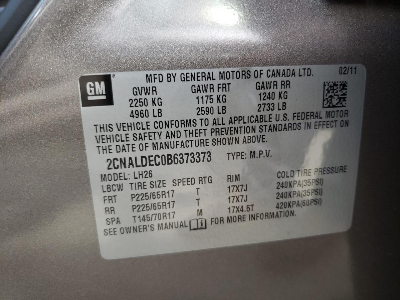 Photo 10 from auction – 2011 CHEVROLET EQUINOX LT with VIN 2CNALDEC0B6373373