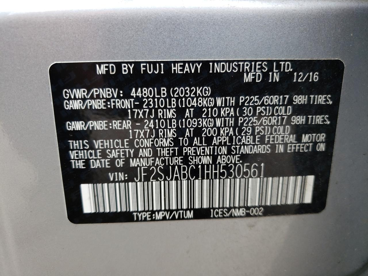 Photo 10 from auction – 2017 SUBARU FORESTER 2 with VIN JF2SJABC1HH530561
