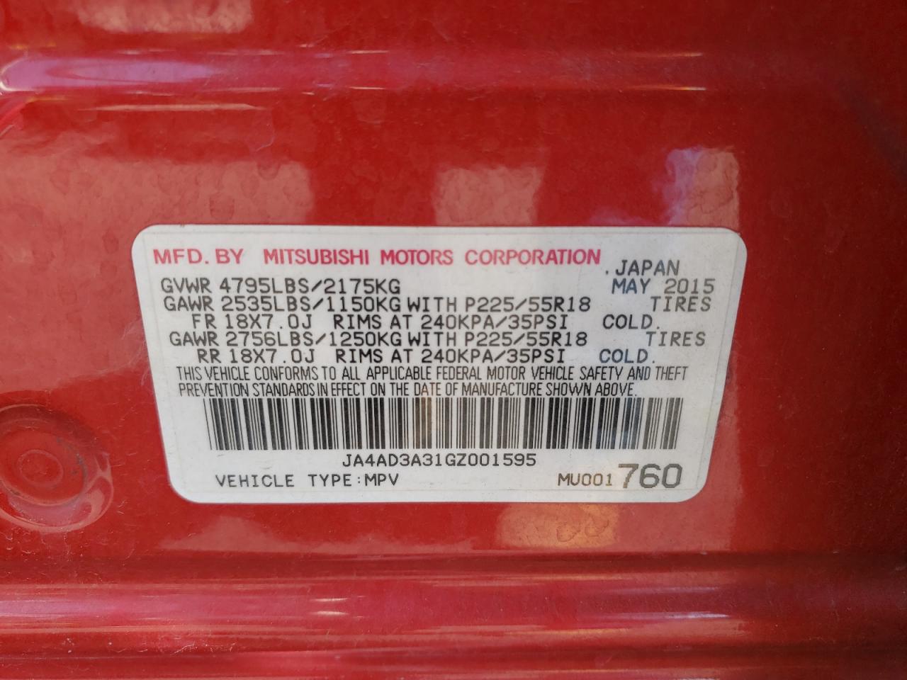 Photo 10 from auction – 2016 MITSUBISHI OUTLANDER with VIN JA4AD3A31GZ001595