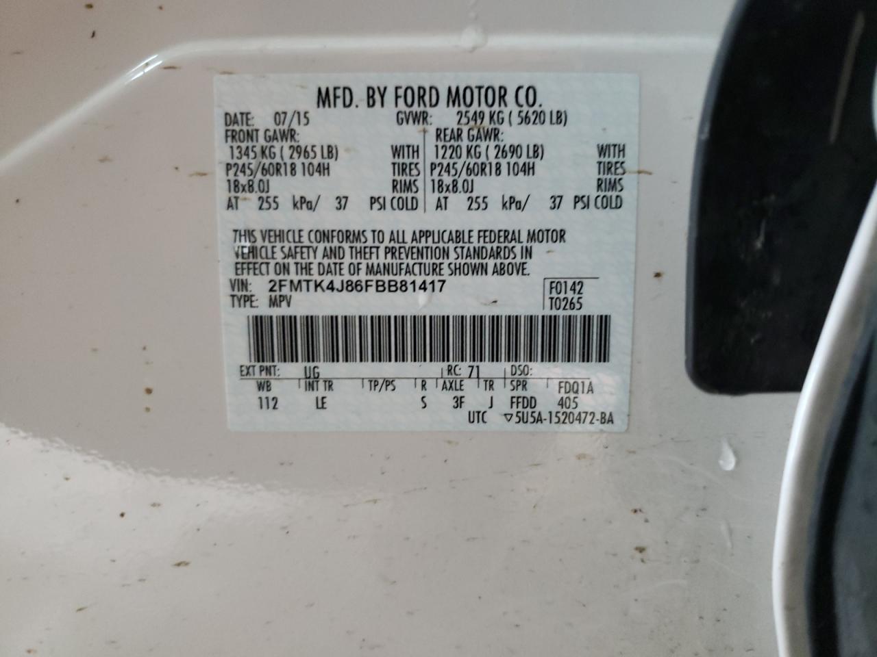 Photo 10 from auction – 2015 FORD EDGE SEL with VIN 2FMTK4J86FBB81417
