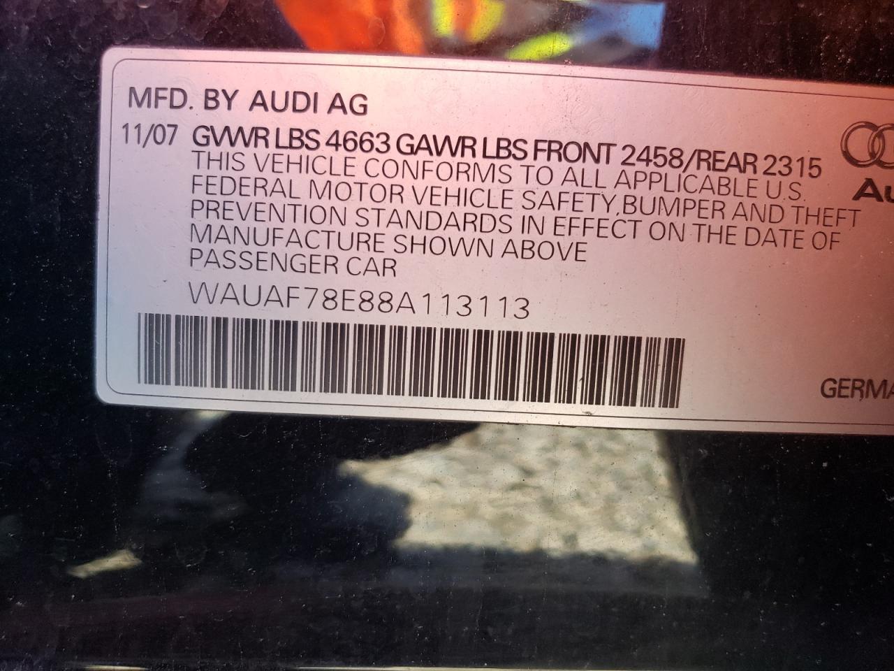 Photo 10 from auction – 2008 AUDI A4 with VIN WAUAF78E88A113113