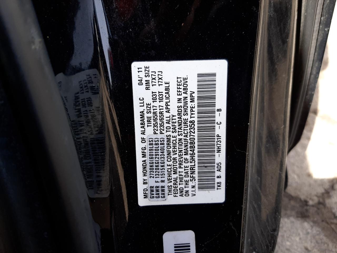 Photo 10 from auction – 2011 HONDA ODYSSEY EX with VIN 5FNRL5H64BB072358