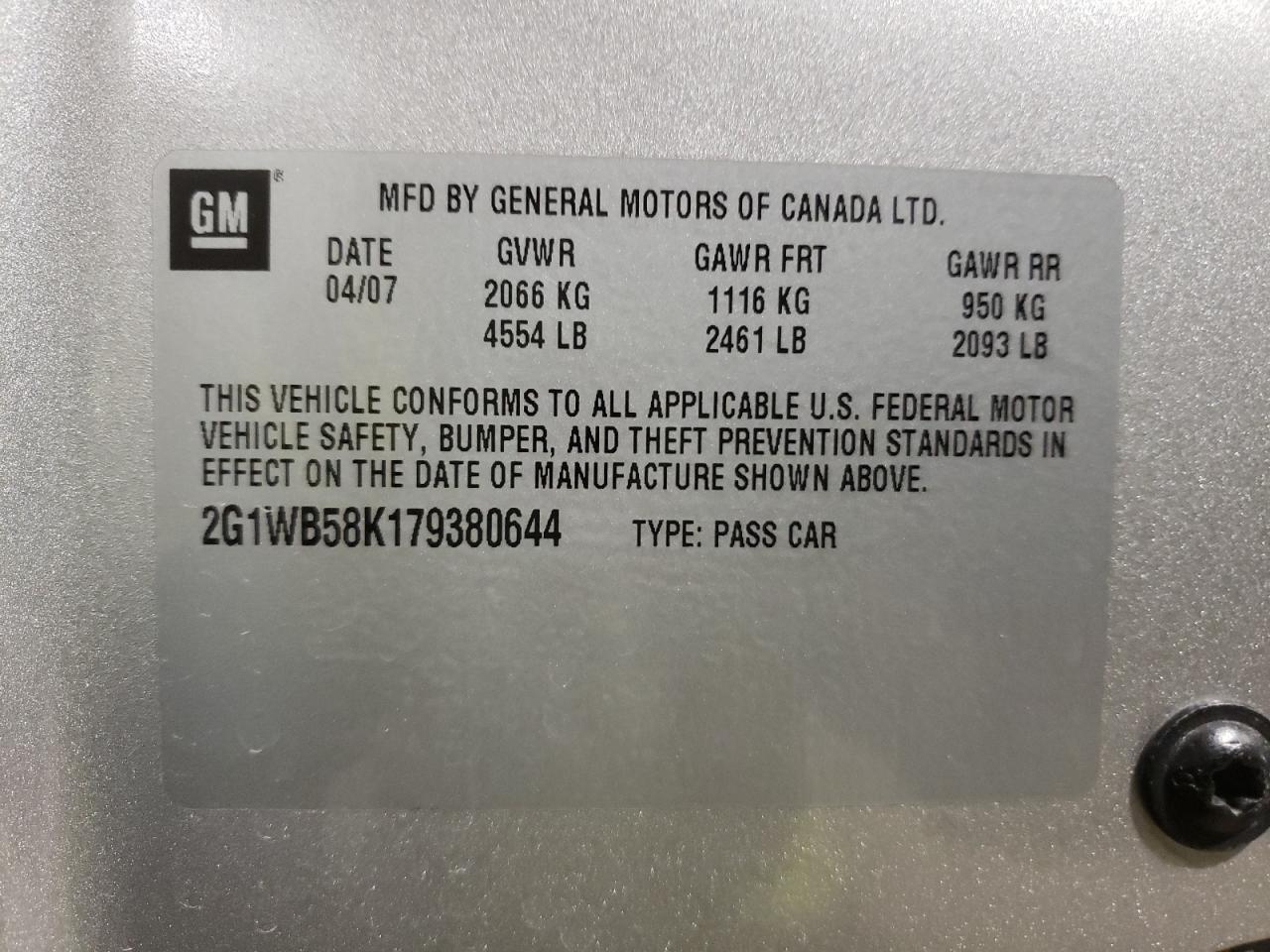 Photo 10 from auction – 2007 CHEVROLET IMPALA LS with VIN 2G1WB58K179380644
