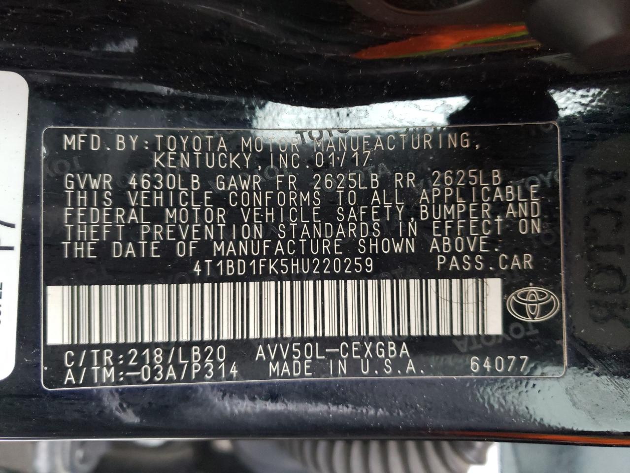 Photo 10 from auction – 2017 TOYOTA CAMRY HYBR with VIN 4T1BD1FK5HU220259