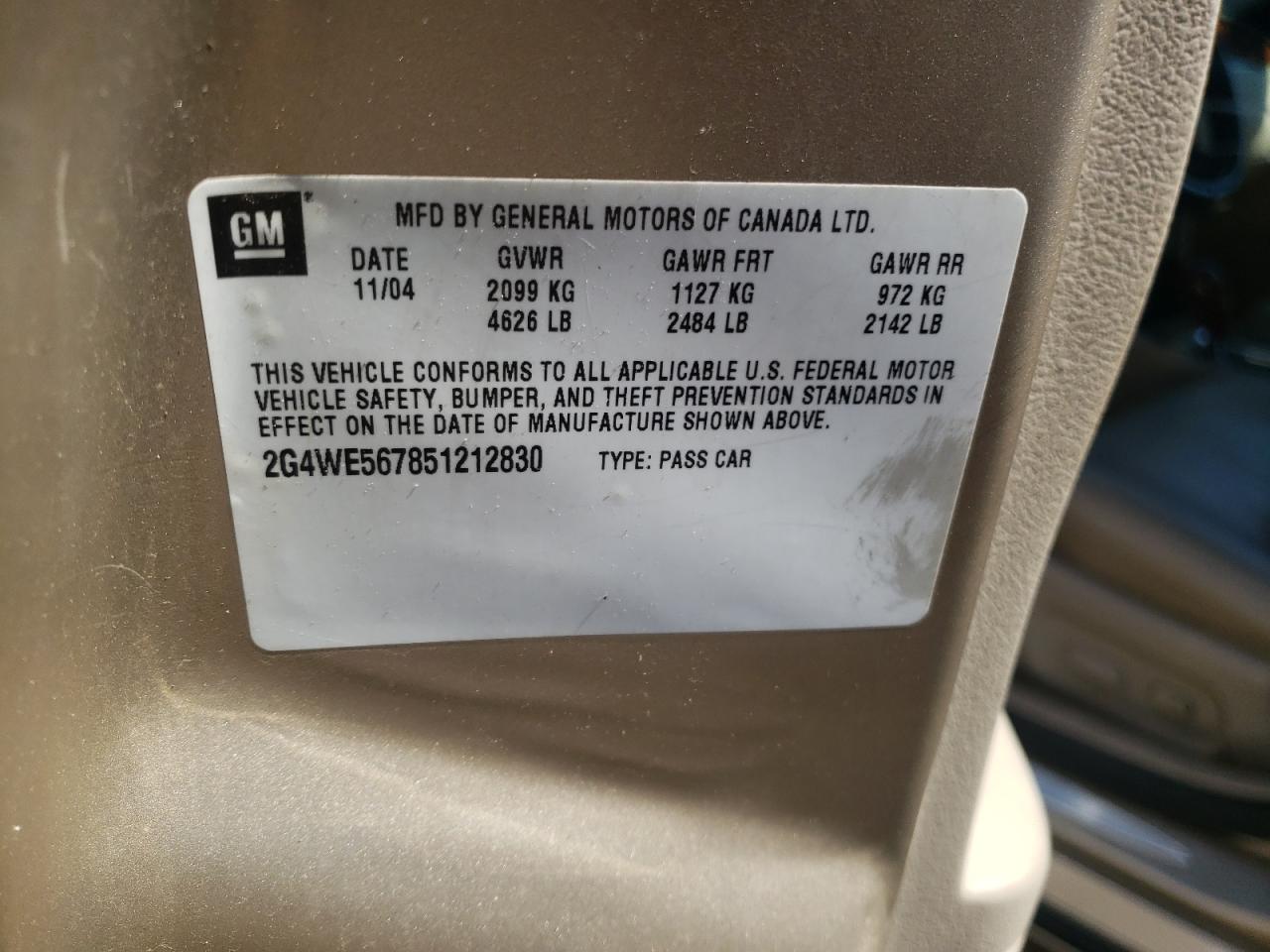 Photo 10 from auction – 2005 BUICK LACROSSE C with VIN 2G4WE567851212830