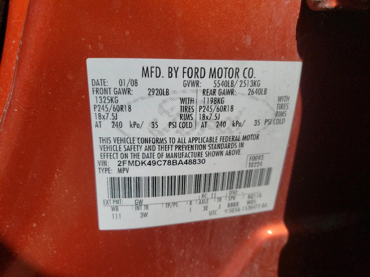Photo 10 from auction – 2008 FORD EDGE LIMIT with VIN 2FMDK49C78BA48830