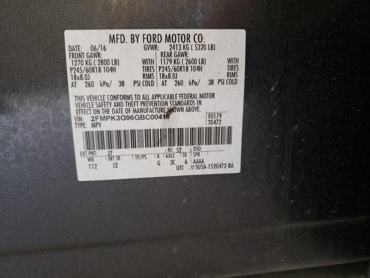 Photo 10 from auction – 2016 FORD EDGE SE with VIN 2FMPK3G96GBC00416