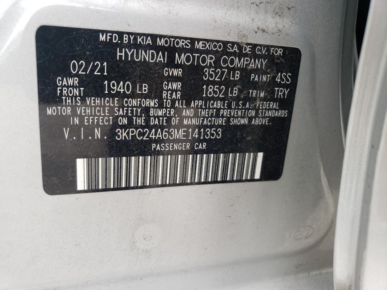 Photo 10 from auction – 2021 HYUNDAI ACCENT SE with VIN 3KPC24A63ME141353