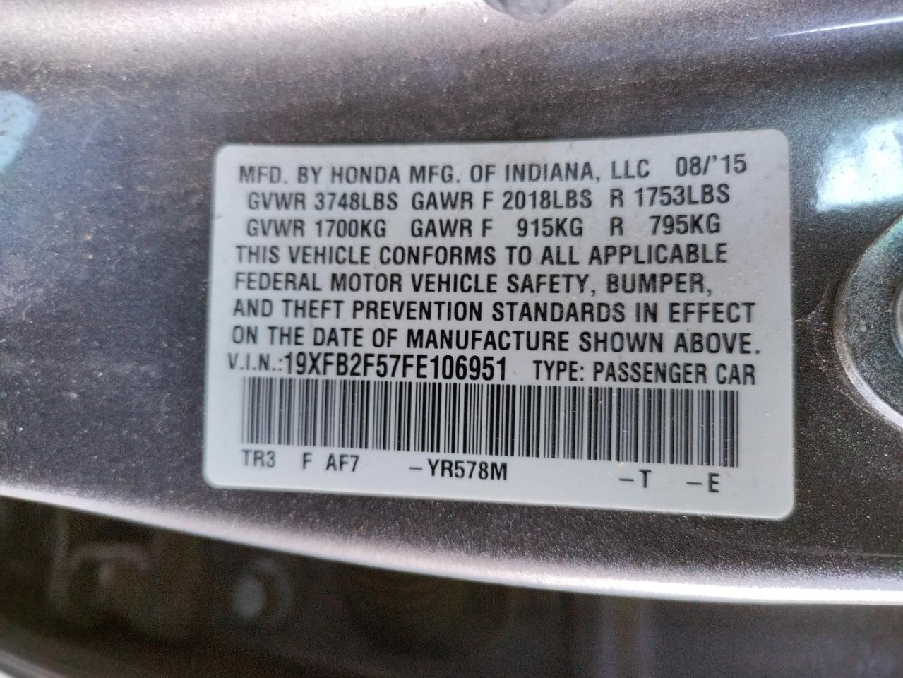 Photo 10 from auction – 2015 HONDA CIVIC LX with VIN 19XFB2F57FE106951
