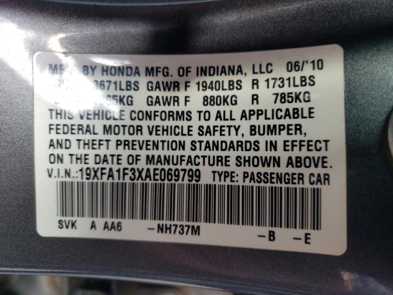 Photo 10 from auction – 2010 HONDA CIVIC VP with VIN 19XFA1F3XAE069799