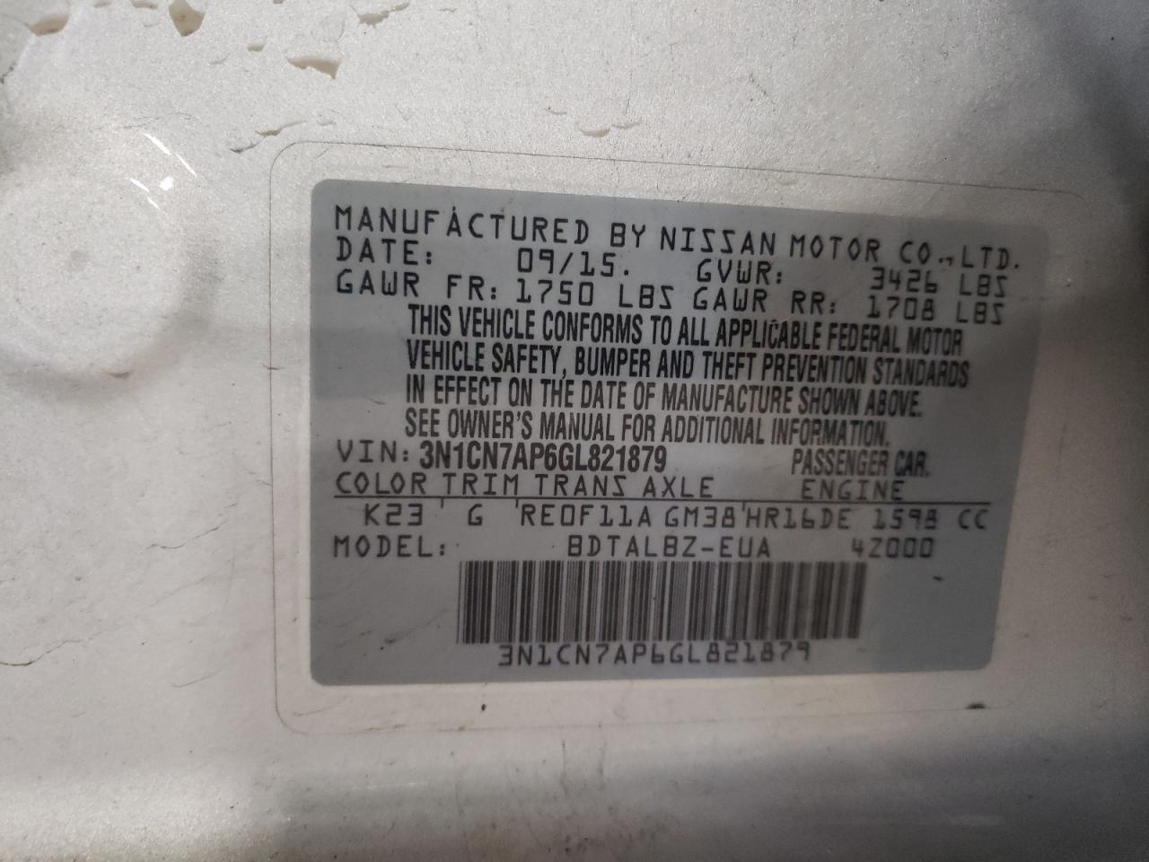 Photo 10 from auction – 2016 NISSAN VERSA S with VIN 3N1CN7AP6GL821879
