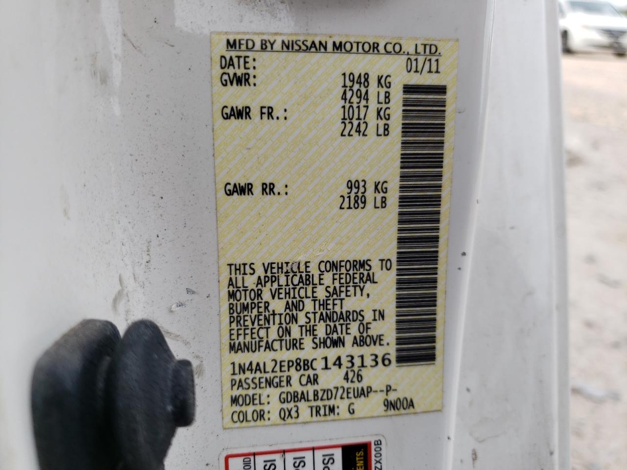 Photo 10 from auction – 2011 NISSAN ALTIMA S with VIN 1N4AL2EP8BC143136
