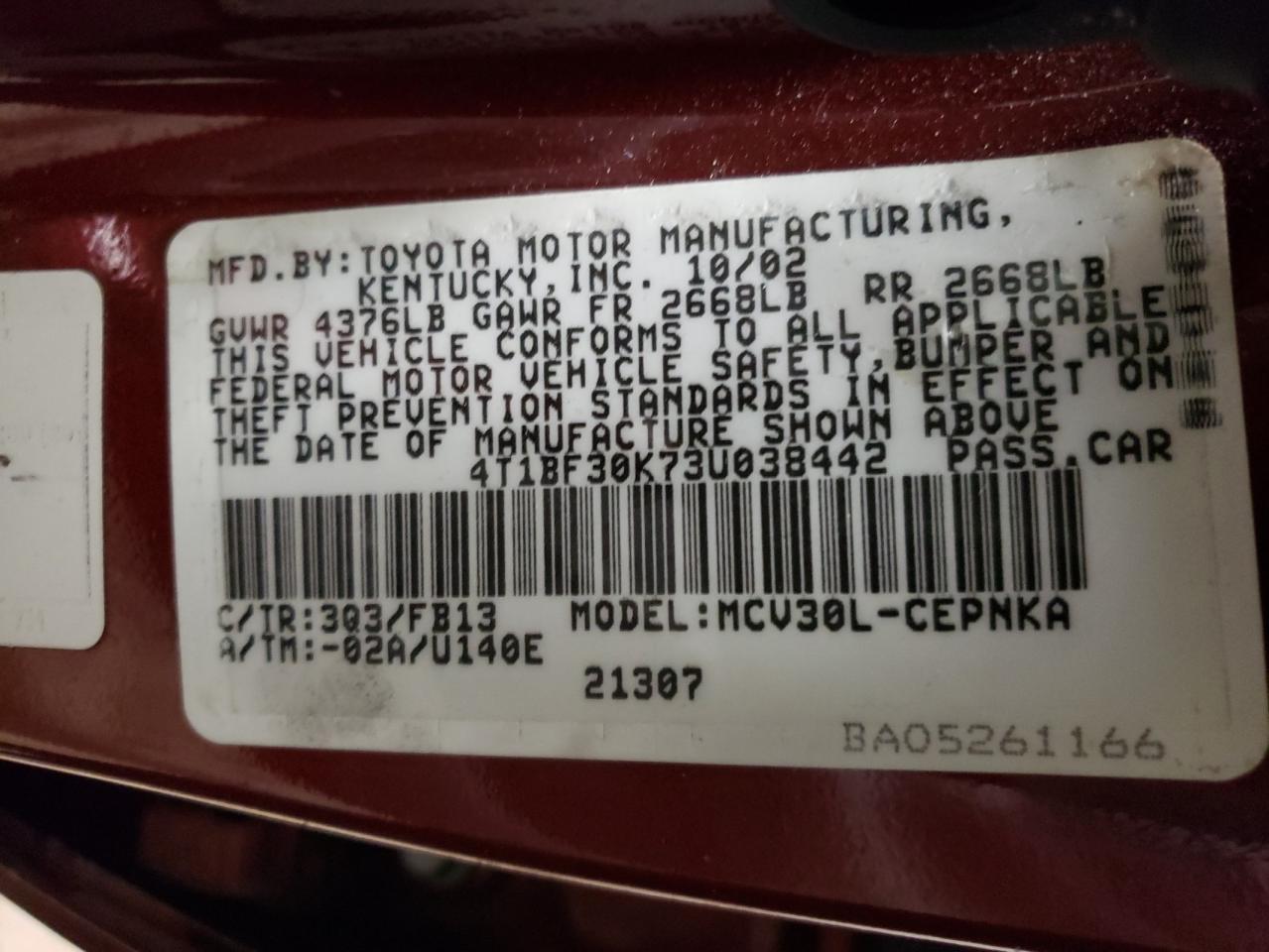 Photo 10 from auction – 2003 TOYOTA CAMRY LE with VIN 4T1BF30K73U038442