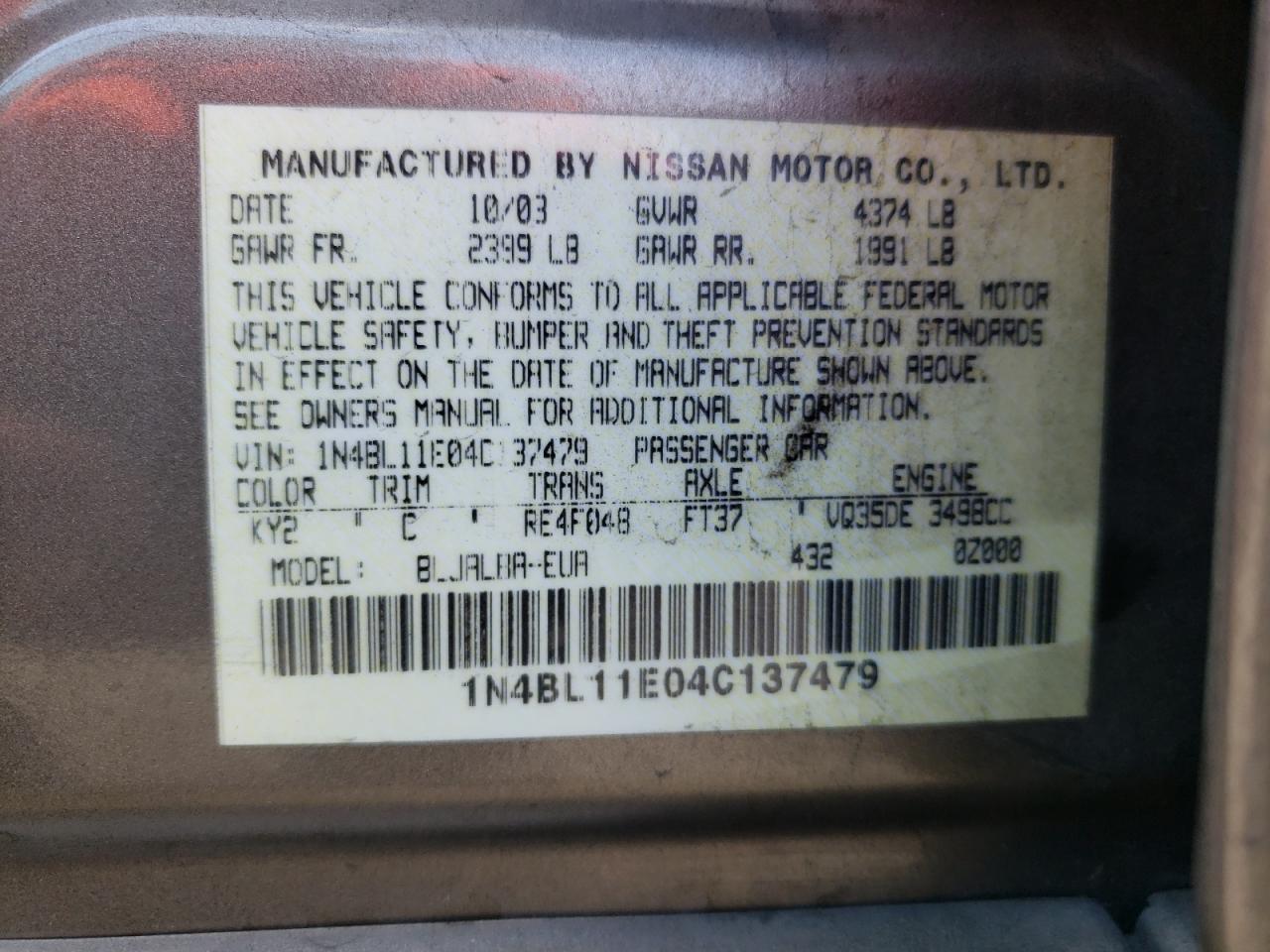 Photo 10 from auction – 2004 NISSAN ALTIMA SE with VIN 1N4BL11E04C137479