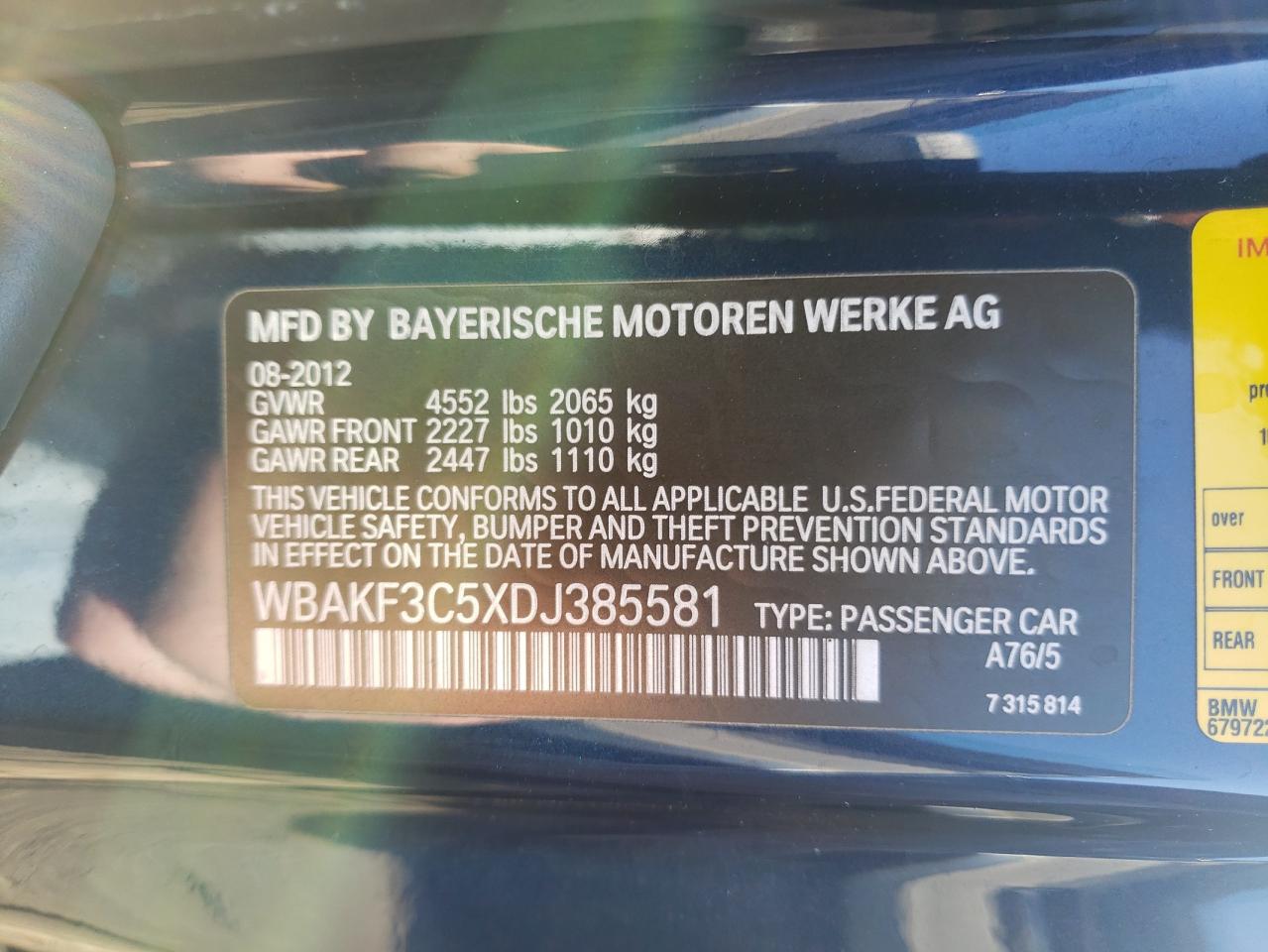 Photo 10 from auction – 2013 BMW 328 XI with VIN WBAKF3C5XDJ385581