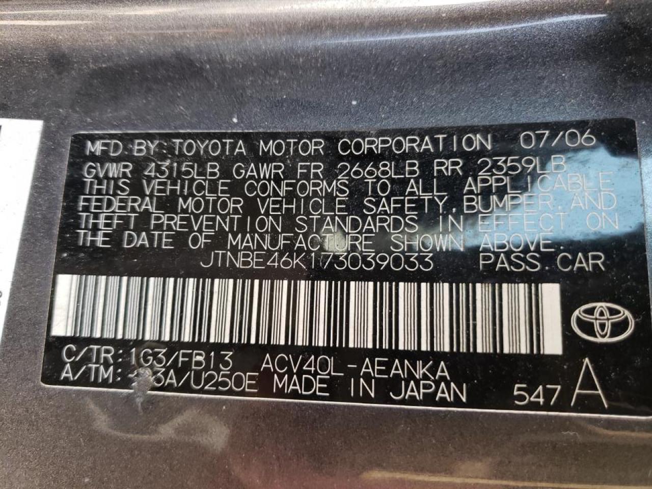 Photo 10 from auction – 2007 TOYOTA CAMRY CE with VIN JTNBE46K173039033