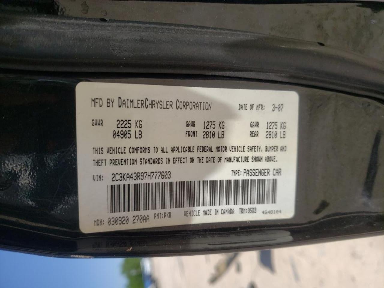 Photo 10 from auction – 2007 CHRYSLER 300 with VIN 2C3KA43R97H777603