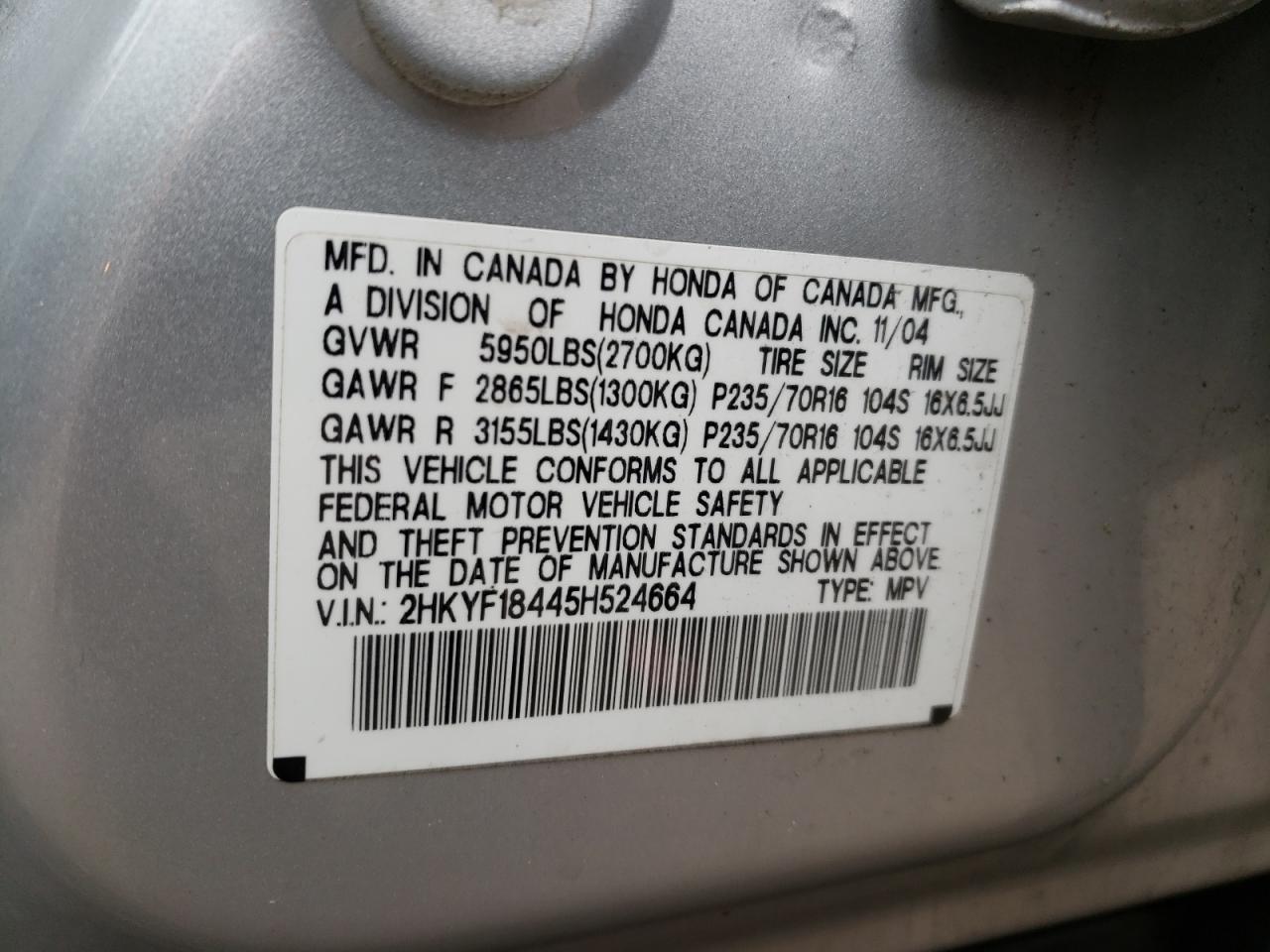 Photo 10 from auction – 2005 HONDA PILOT EX with VIN 2HKYF18445H524664