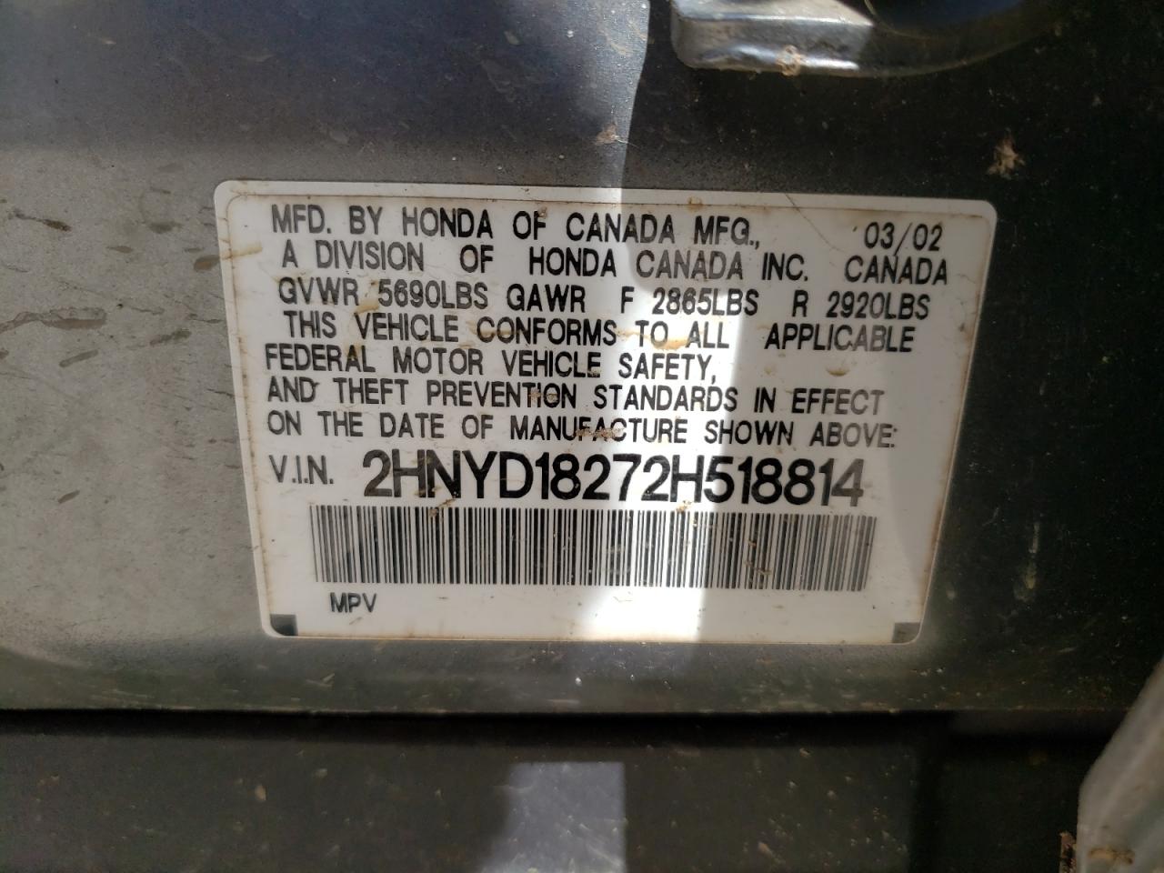Photo 10 from auction – 2002 ACURA MDX with VIN 2HNYD18272H518814