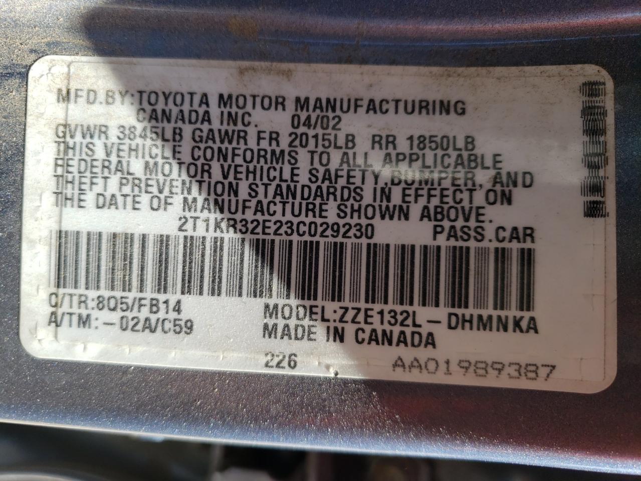 Photo 10 from auction – 2003 TOYOTA COROLLA MA with VIN 2T1KR32E23C029230