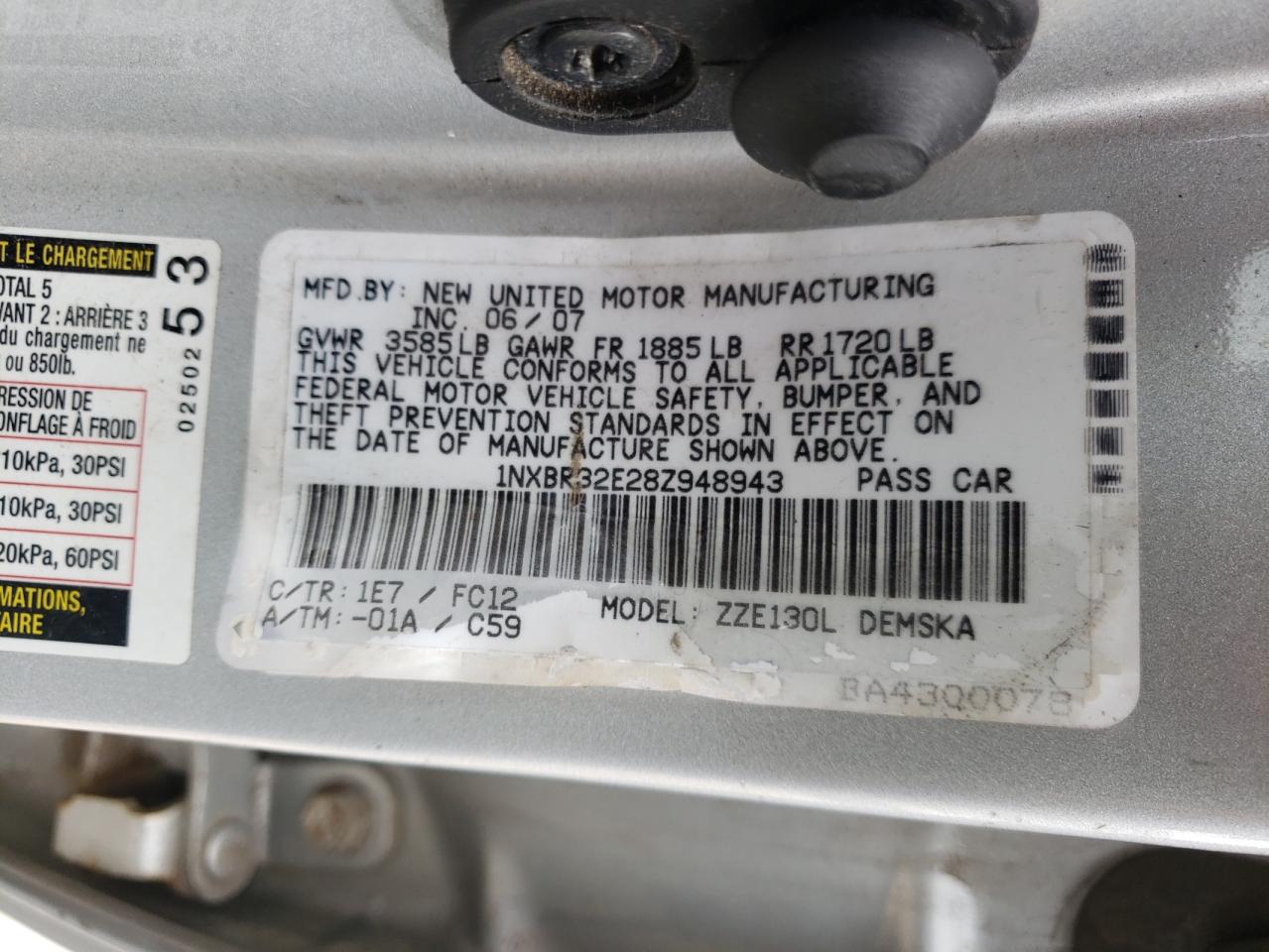 Photo 10 from auction – 2008 TOYOTA COROLLA CE with VIN 1NXBR32E28Z948943