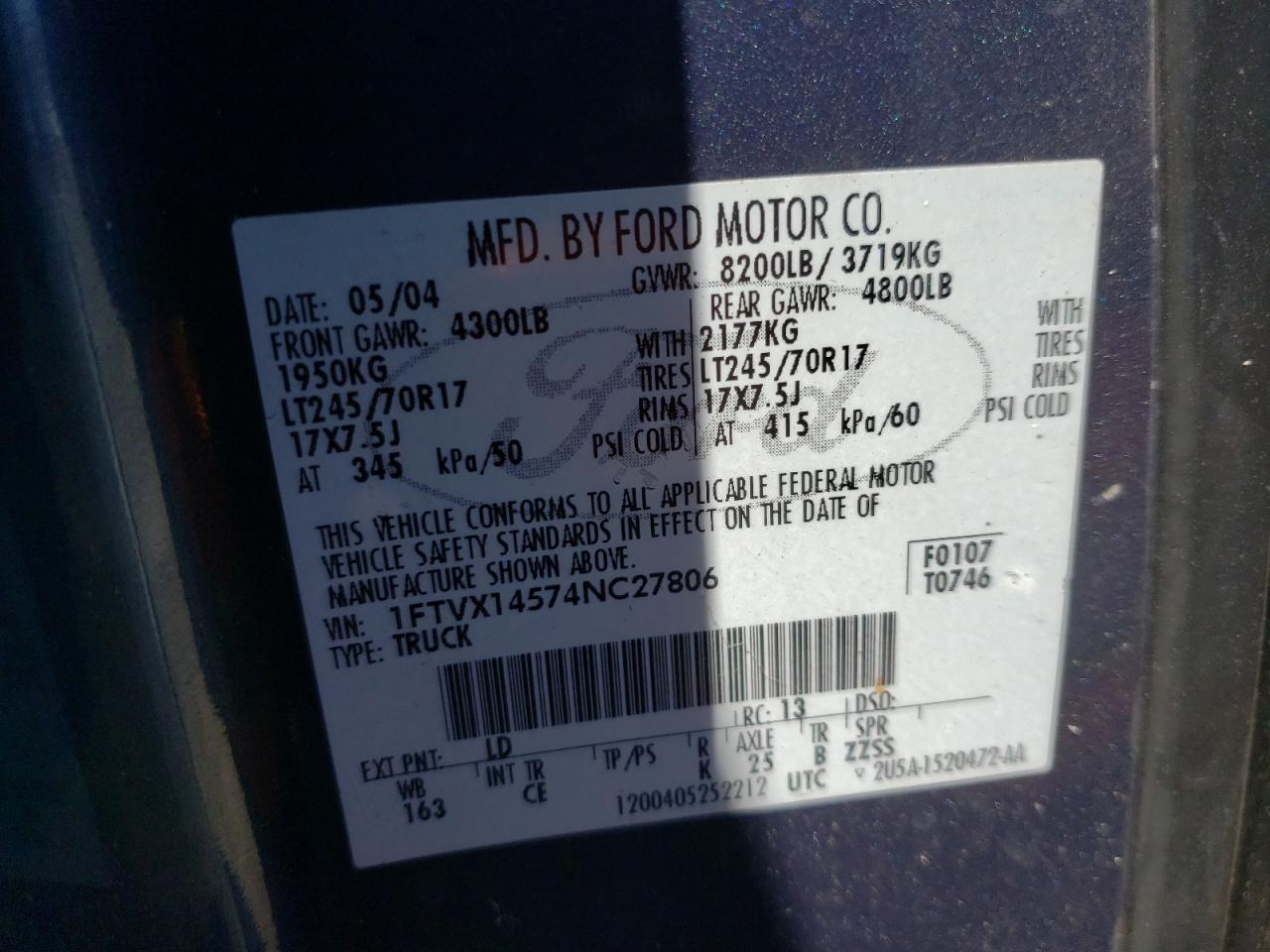 Photo 10 from auction – 2004 FORD F150 with VIN 1FTVX14574NC27806