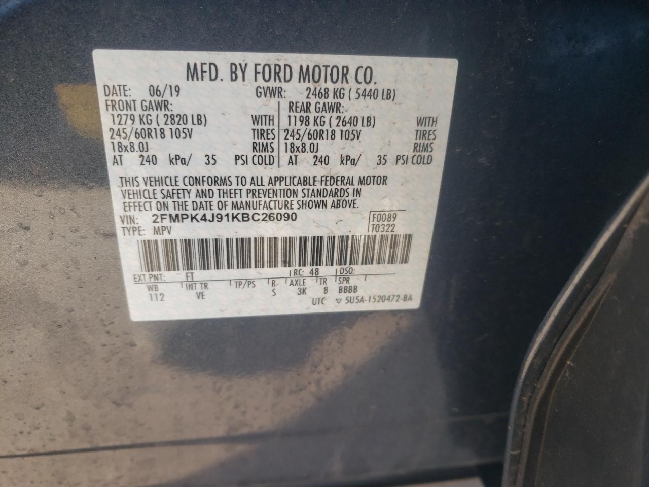 Photo 10 from auction – 2019 FORD EDGE SEL with VIN 2FMPK4J91KBC26090
