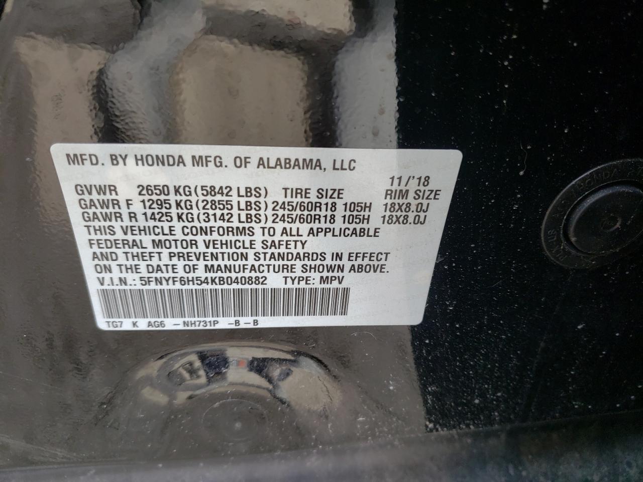 Photo 10 from auction – 2019 HONDA PILOT EXL with VIN 5FNYF6H54KB040882