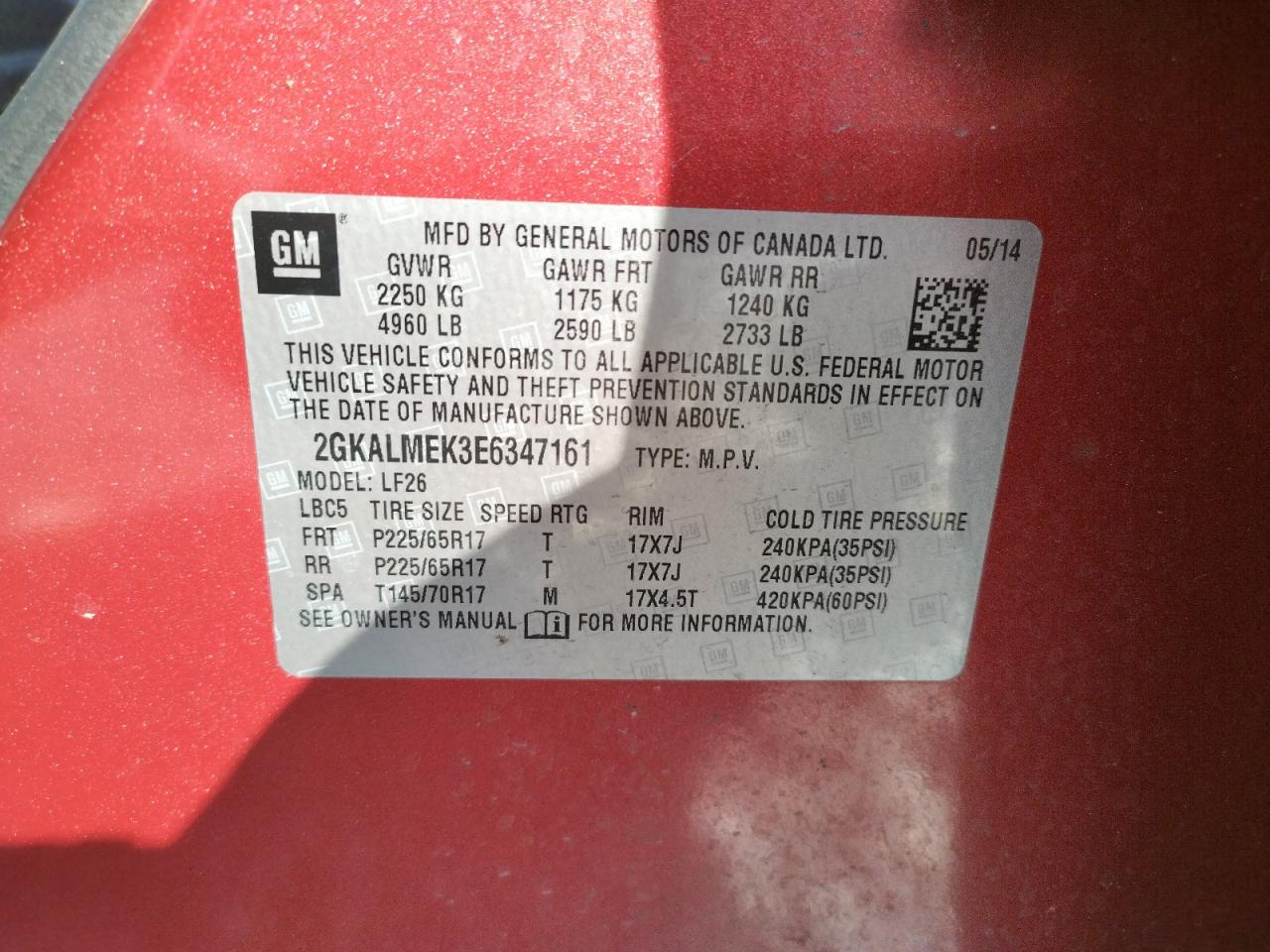 Photo 10 from auction – 2014 GMC TERRAIN SL with VIN 2GKALMEK3E6347161