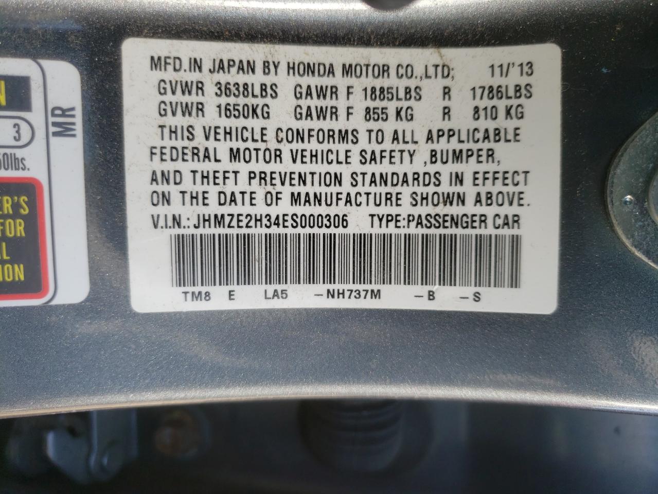 Photo 10 from auction – 2014 HONDA INSIGHT with VIN JHMZE2H34ES000306