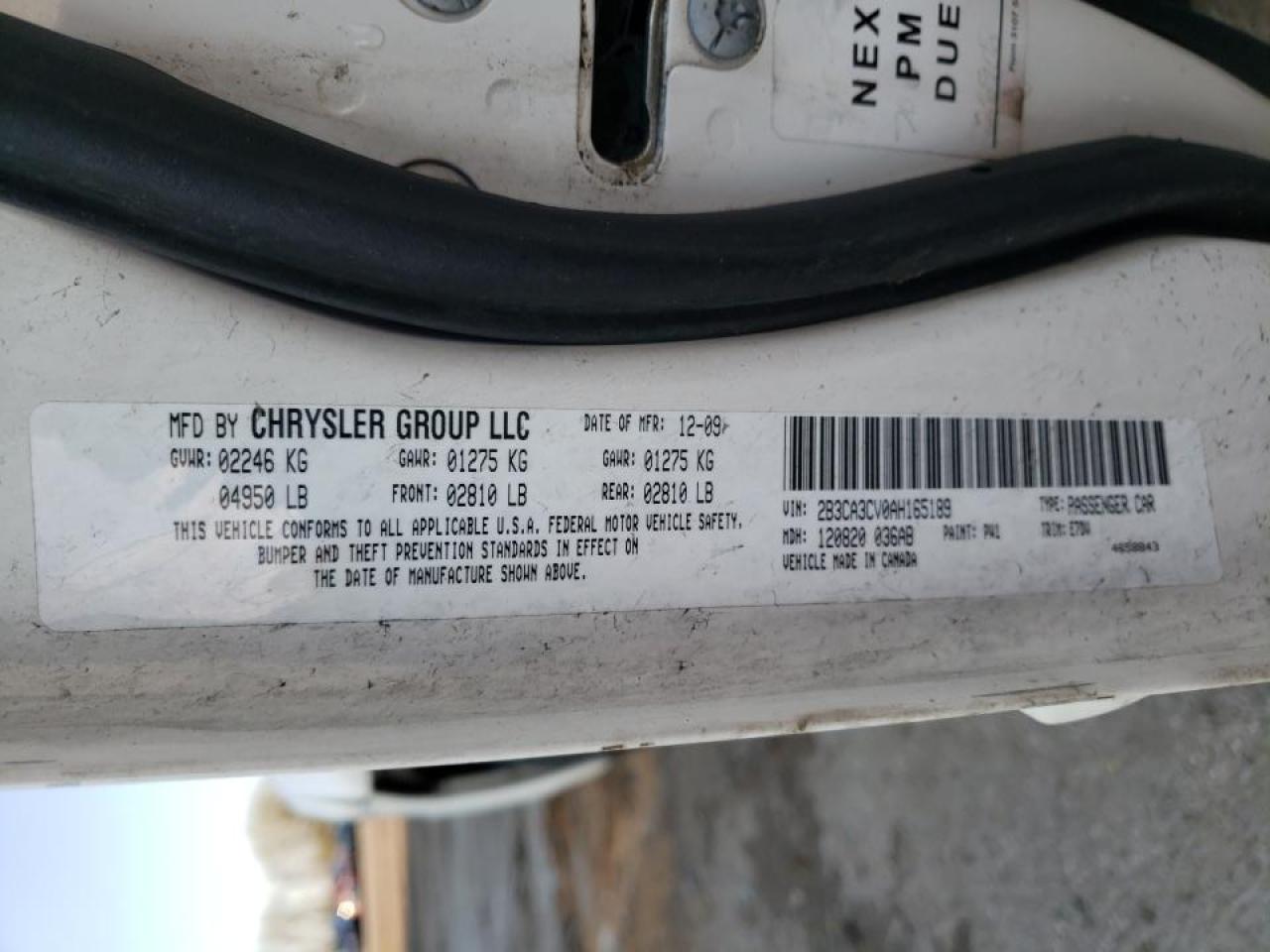 Photo 10 from auction – 2010 DODGE CHARGER SX with VIN 2B3CA3CV0AH165189