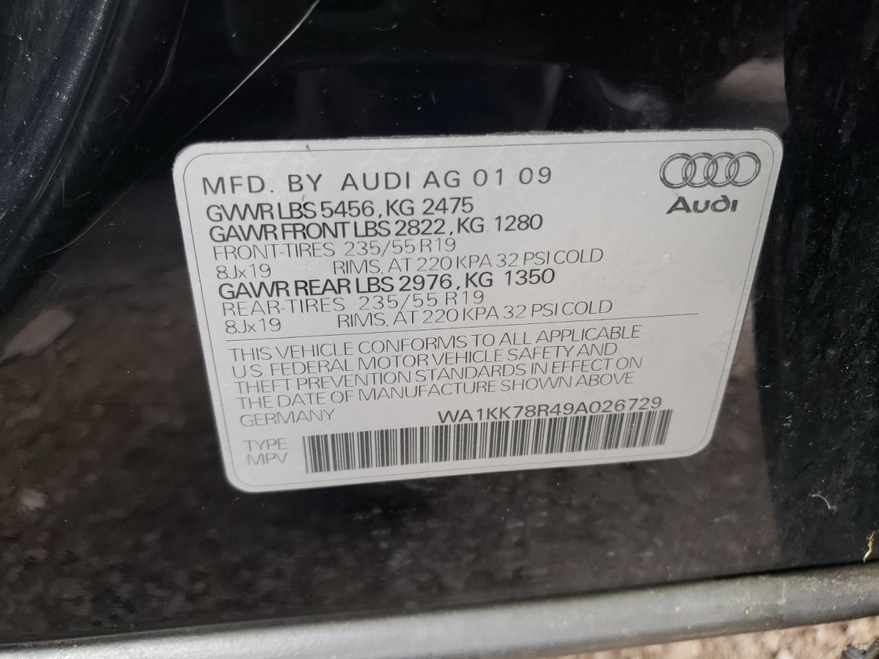 Photo 10 from auction – 2009 AUDI Q5 3.2 with VIN WA1KK78R49A026729