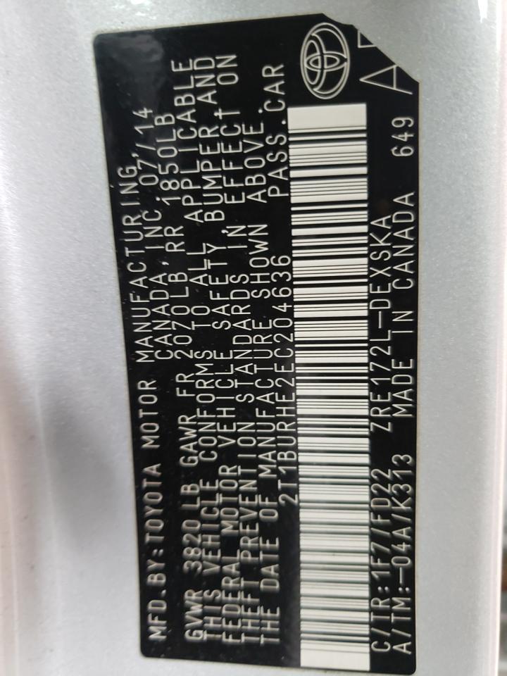 Photo 10 from auction – 2014 TOYOTA COROLLA L with VIN 2T1BURHE2EC204636
