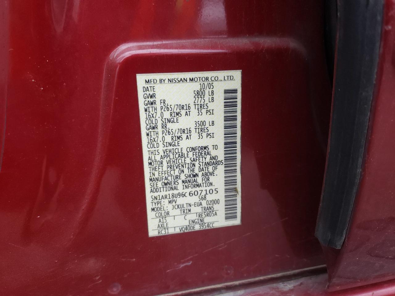 Photo 10 from auction – 2006 NISSAN PATHFINDER with VIN 5N1AR18U96C607105