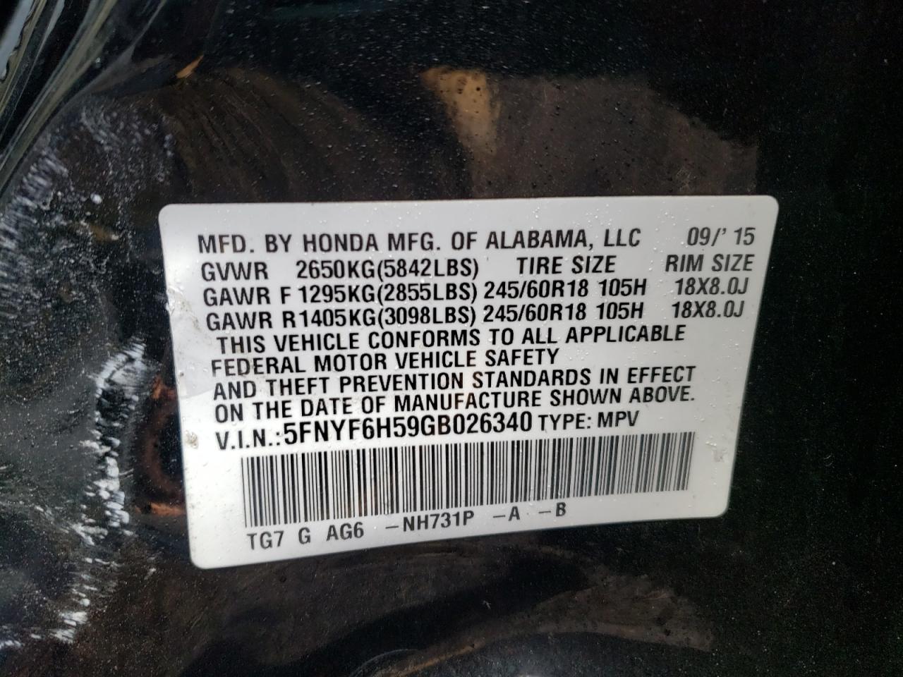 Photo 19 from auction – 2016 HONDA PILOT EXL with VIN 5FNYF6H59GB026340