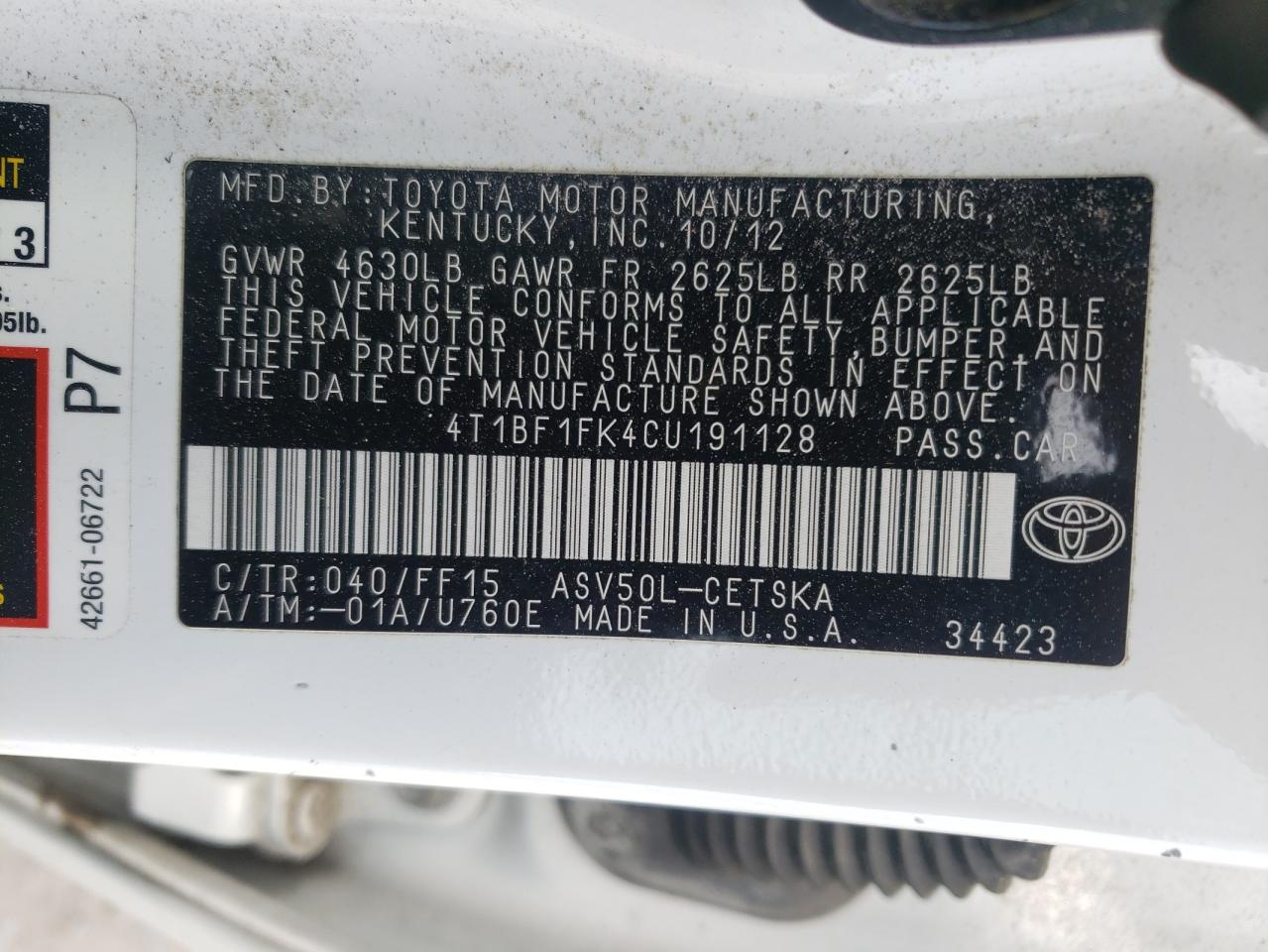 Photo 10 from auction – 2012 TOYOTA CAMRY BASE with VIN 4T1BF1FK4CU191128