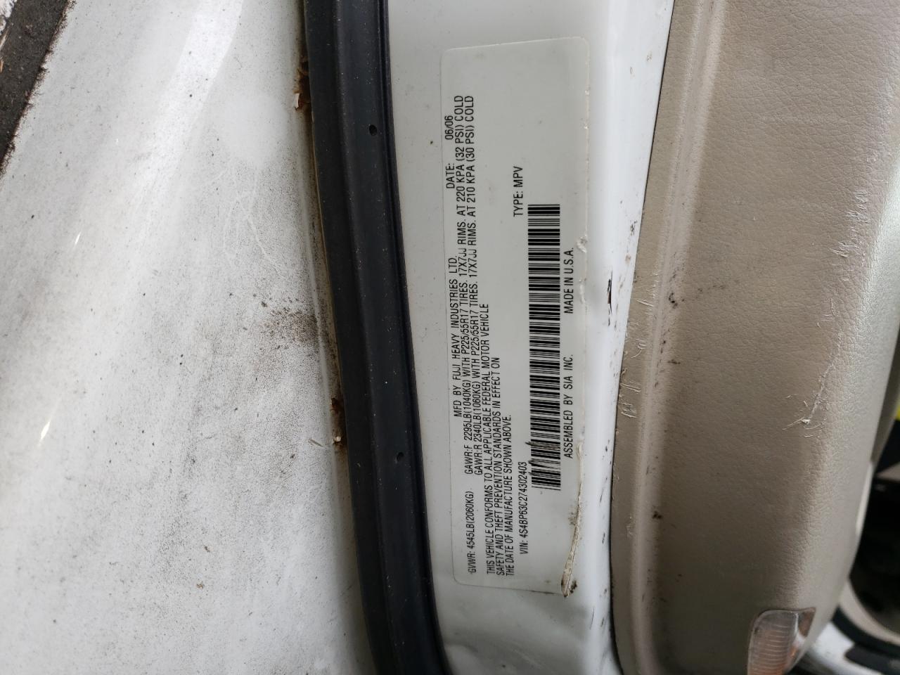 Photo 10 from auction – 2007 SUBARU LEGACY OUT with VIN 4S4BP63C274302403