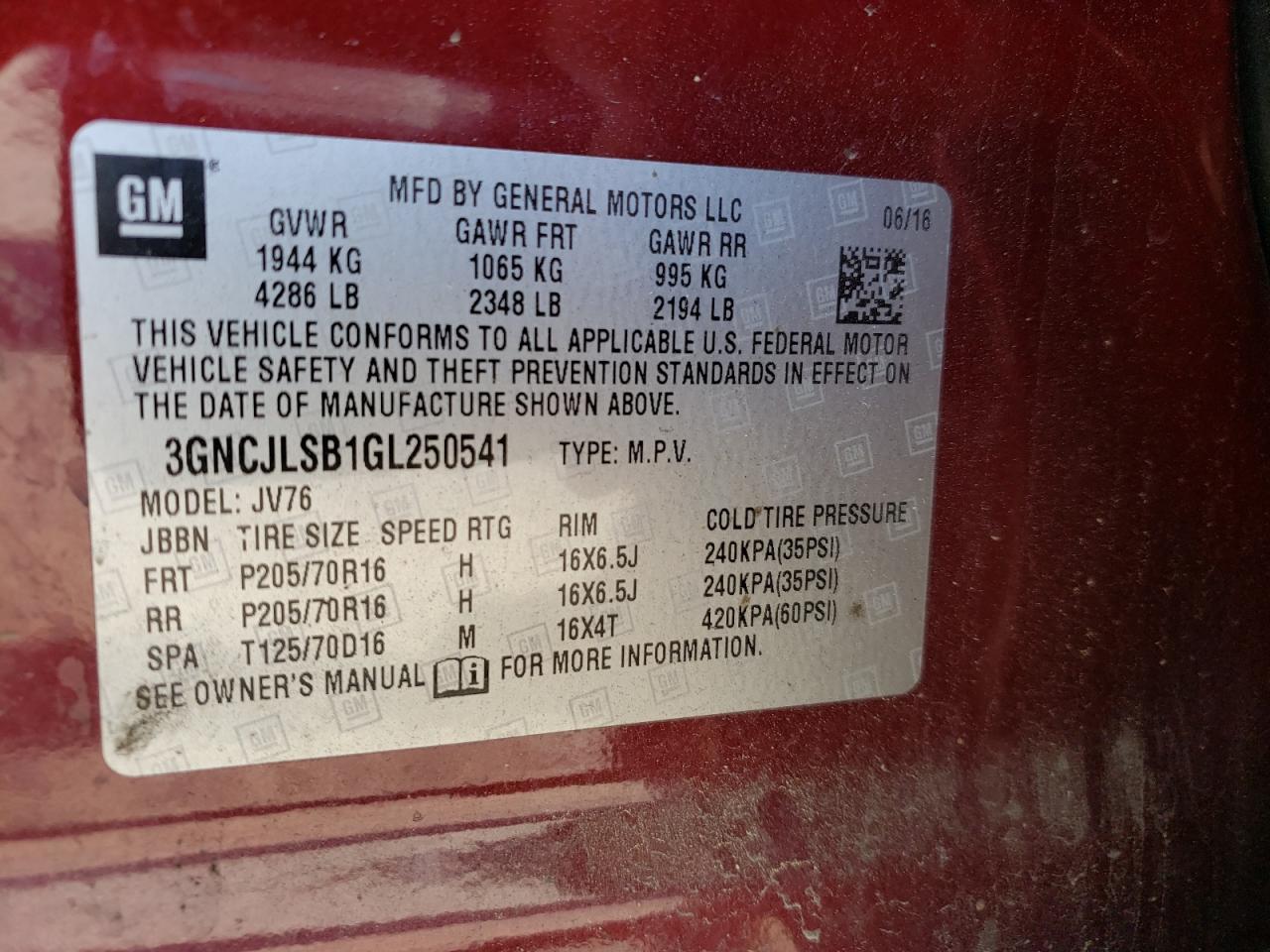 Photo 10 from auction – 2016 CHEVROLET TRAX 1LT with VIN 3GNCJLSB1GL250541