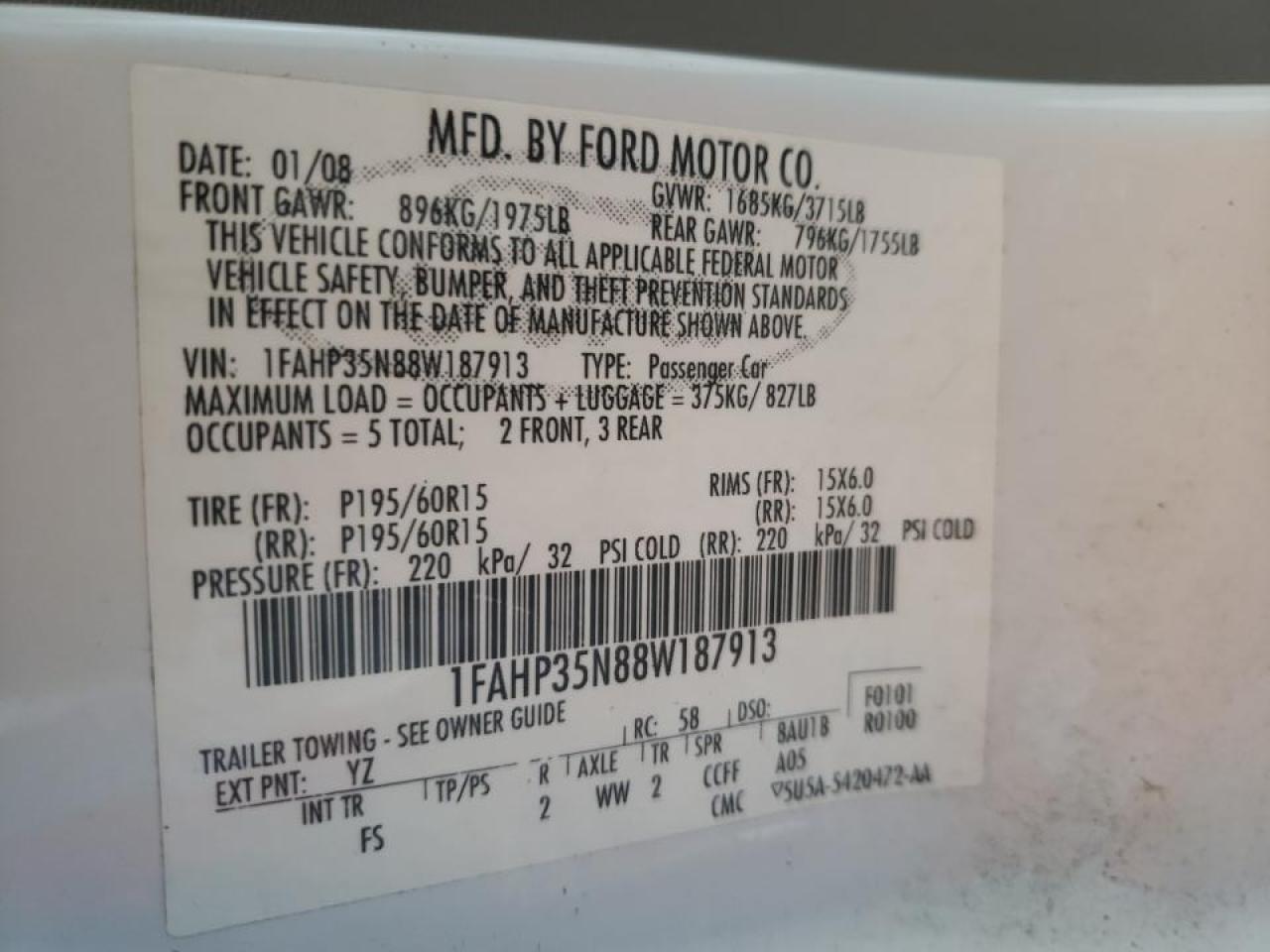 Photo 10 from auction – 2008 FORD FOCUS SES with VIN 1FAHP35N88W187913