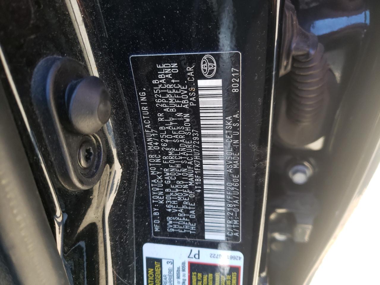 Photo 10 from auction – 2017 TOYOTA CAMRY LE with VIN 4T1BF1FK7HU772937