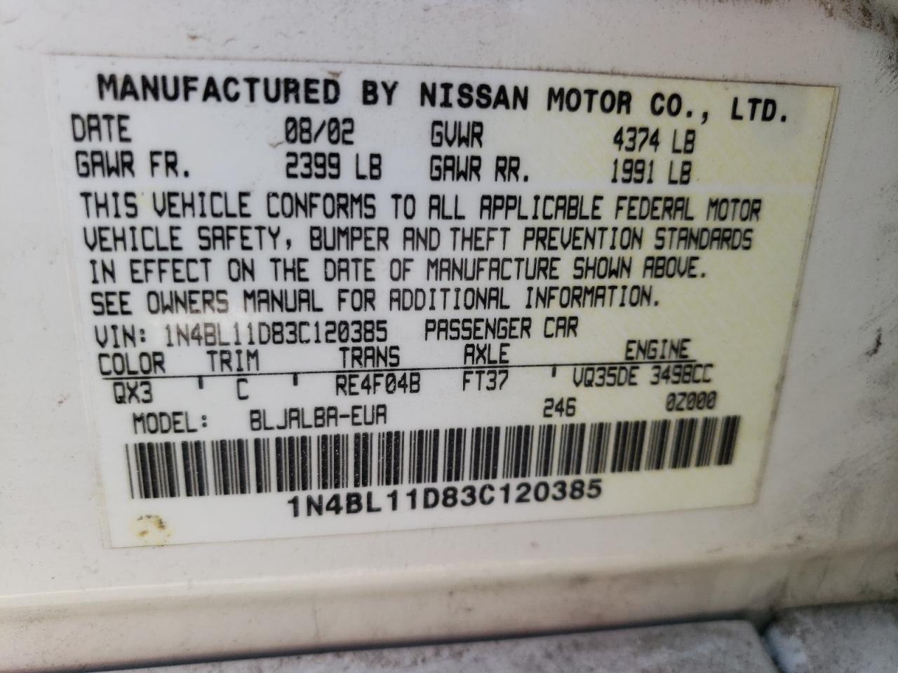 Photo 10 from auction – 2003 NISSAN ALTIMA SE with VIN 1N4BL11D83C120385