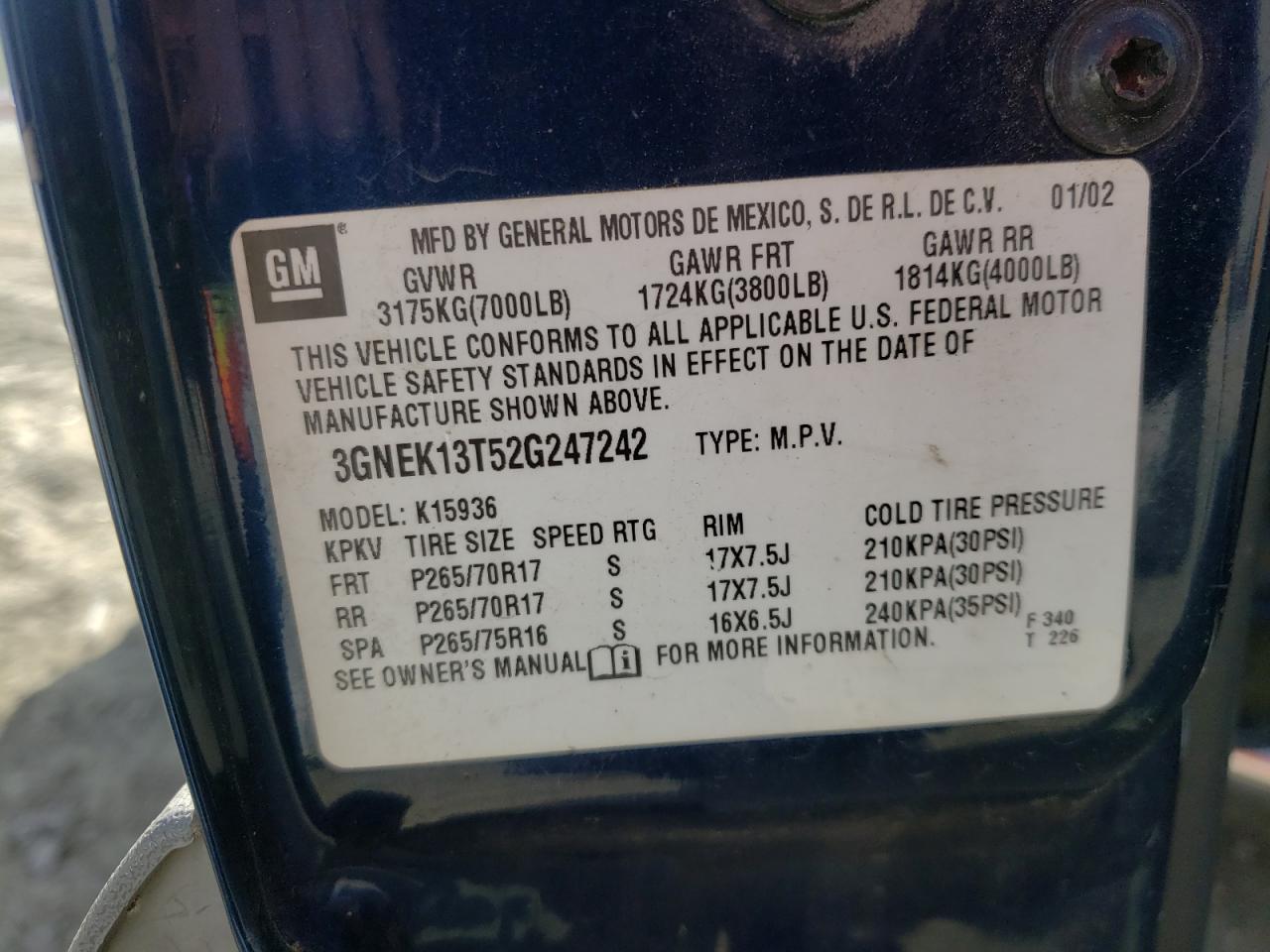 Photo 10 from auction – 2002 CHEVROLET AVALANCHE with VIN 3GNEK13T52G247242